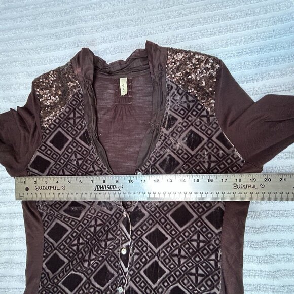 Anthropologie Tiny Women's Leighton Top Velvet Button Down Shirt Medium Brown - Picture 6 of 9